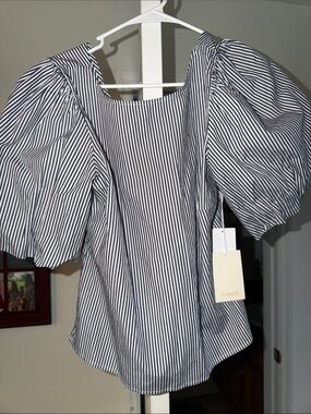 Parker Navy & White Striped Square Neck Puff Sleeve Top
